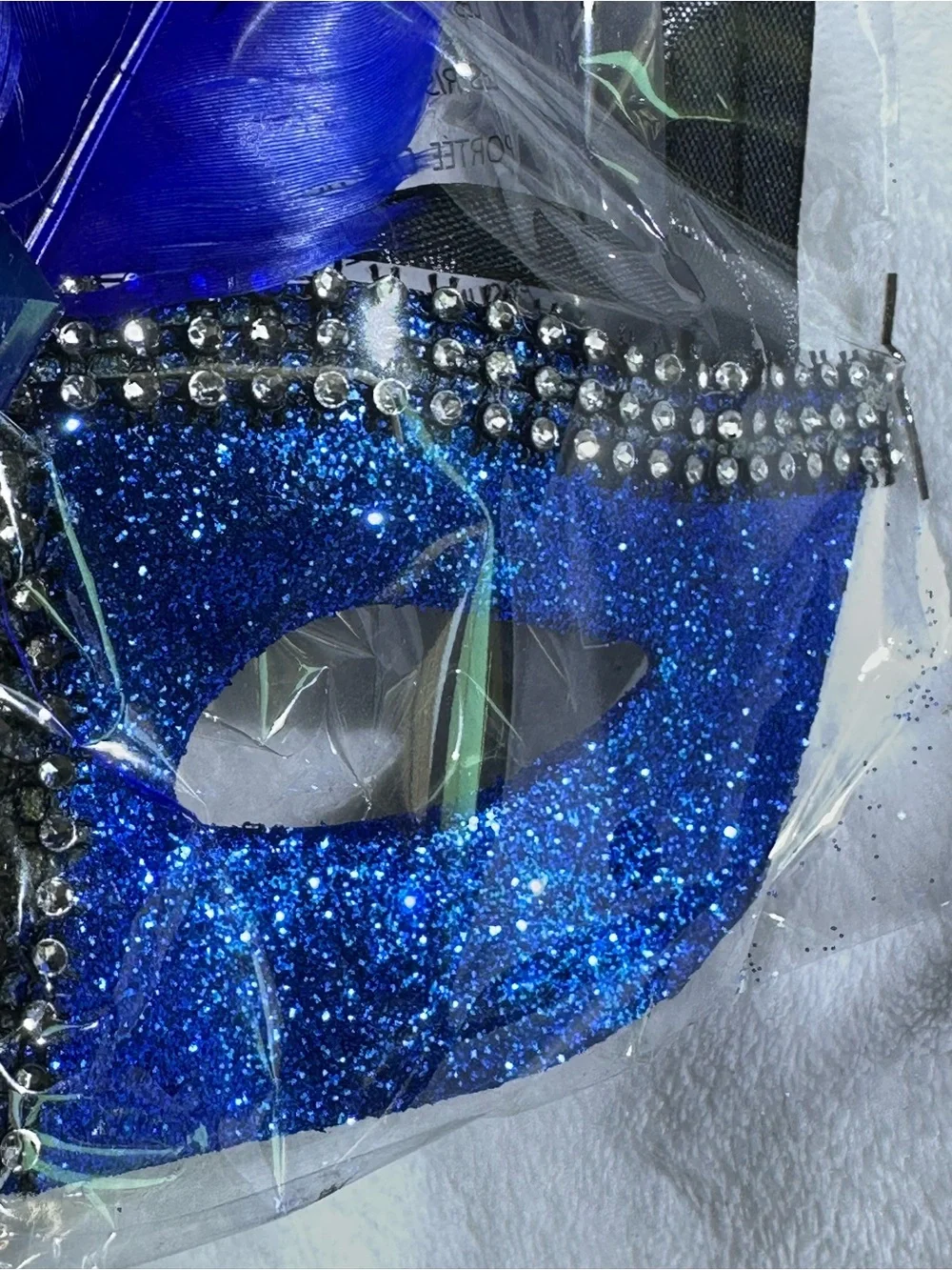 🎭 Blue Glitter Masquerade Mask with Feathers Rhinestones Mardi Gras Costume 🎭